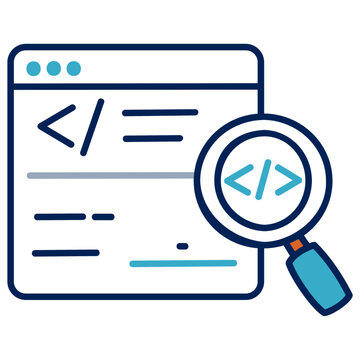Web browser screen with code brackets under magnifying glass flat line icon code inspection debugging and seo analytics concept vector illustration