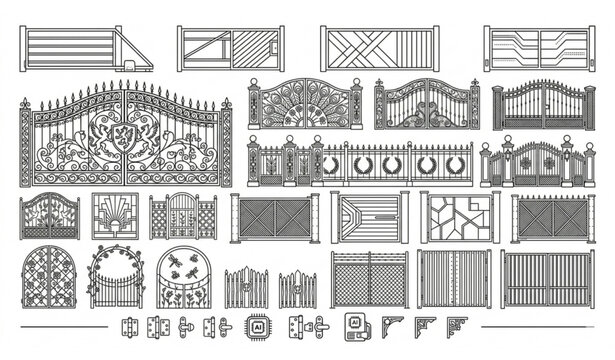 Decorative Wrought Iron Gate and Fence Collection with Ornamental Designs, Floral Patterns, Heraldic Crests, and Hardware Elements Vector Set