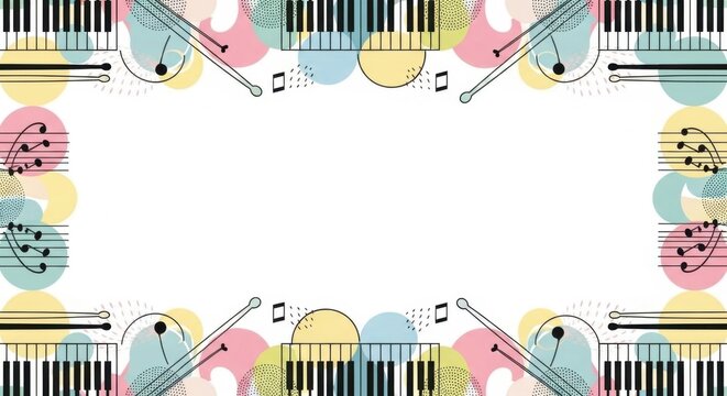 Symmetrical music border with piano keys and drumsticks on soft pastel circle background.