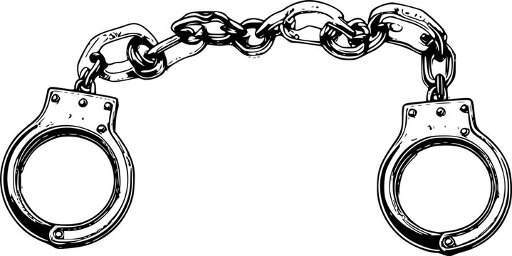 Close up sequence of metallic handcuffs on chain showing different open and closed positions
