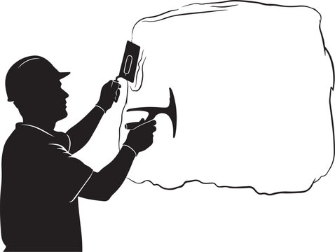 Man in silhouette using jackhammer and chisel on stone black