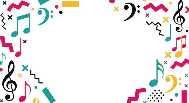 Dynamic musical notes background with colorful shapes and symbols for creative production.