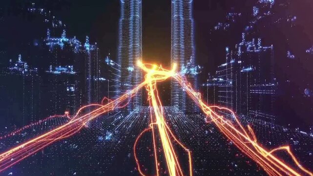 Futuristic digital city with glowing light trails, high speed fiber optic data transmission in cyber metropolis, abstract technology network background