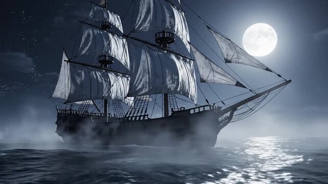A large ship sails a dark sea under a full moon