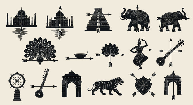 Heroic India Cultural Icon Collection Featuring Temples Animals Weapons and Traditional Heritage Symbols