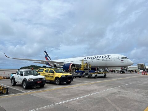 Victoria, Seychelles, Mahe, April 22, 2026: Aeroflot aircraft at the airport in Seychelles