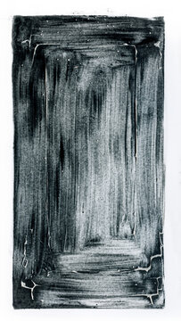 Abstract monochrome artwork featuring vertical brushstrokes within a rectangular, textured border, suggesting depth or a dark portal.