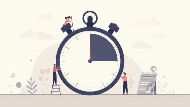 Tiny workers managing time on a large stopwatch, symbolizing project deadlines and efficiency