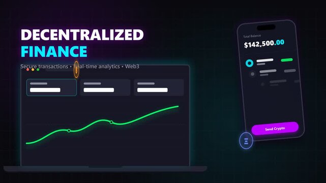 Decentralized Finance DeFi Web3 Platform Animation with Laptop and Smartphone UI