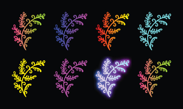 Set of eight colorful branch vector illustrations on a black background perfect for design.