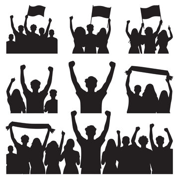 Cheering crowd silhouettes big set, sports fans with flags and scarves.