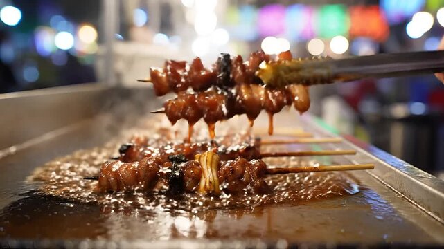 Closeup of delicious skewers being grilled on a hot plate at a night market.