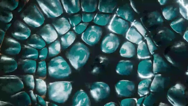 4K close-up Undulating Reptilian Scales Deep Green Blue Abstract Organic Textured Surface Shimmering Light Motion Background