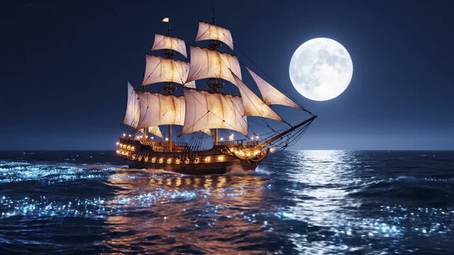 Ancient sailing ships navigate the waves of a moonlit sea under a large full moon.