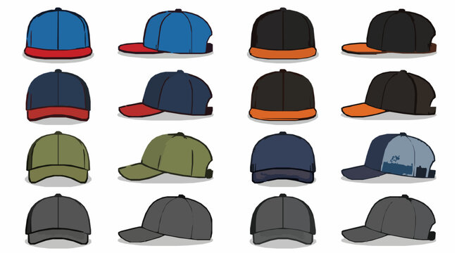 Modern Baseball Cap Vector Collection with Flat Brim Snapback and Sport Hat Clipart Isolated on White Background