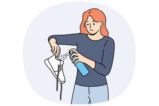 Woman shoes have bad odor and require use of antibacterial gel to get rid of stench. Girl experiencing problems with hygiene causing stench of sneakers needs medicinal ointment for fungus