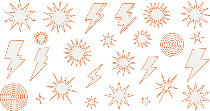 Star lightning doodle set, orange celestial symbols vector artwork modern decorative design graphics abstract geometric pattern elements