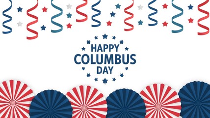Obraz premium Happy columbus day festive greeting with confetti and patriotic paper fans columbus confetti