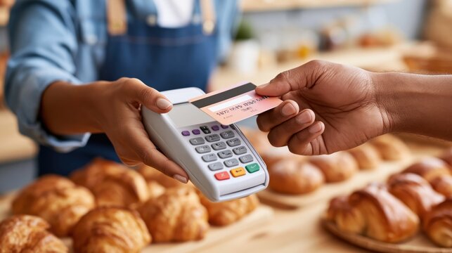 Customer paying with credit card at a bakery counter with pastries in the background