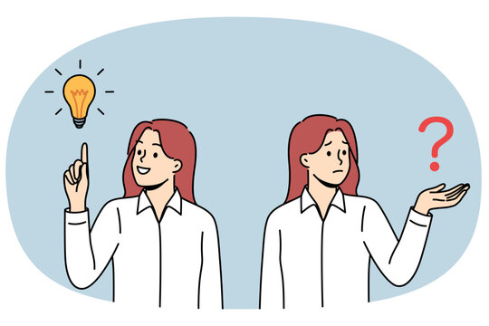 Business woman comes up with idea after problem arises and rejoices at finding answer to question. Upset manager, who learned about presence of trouble, rejoices having come up with brilliant idea