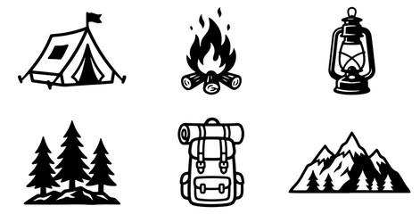 Fototapeta premium Outdoor Adventure Set Featuring Camping Tent Campfire Lantern Backpack Forest Trees and Majestic Mountains Representing Wilderness Exploration