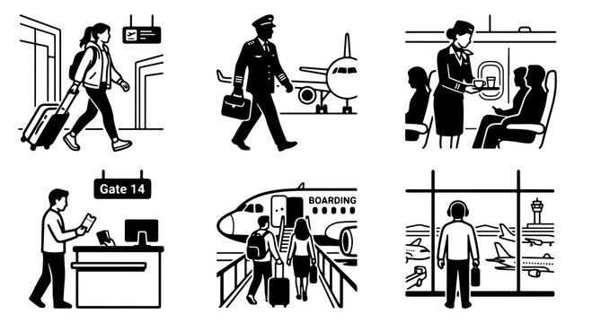 Airport Journey Scenes From Passenger Arrival to Inflight Service and Departure Observation Showing Travelers, Pilot, and Flight Crew Engaged in Various Stages of Air Transportation
