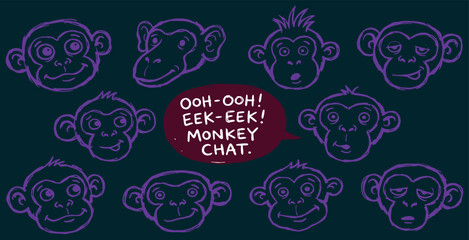 A collection of cartoon monkey faces with different expressions and a speech bubble saying 'Ooh-ooh! Eek-eek! Monkey Chat.'. © Riki
