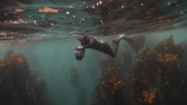 Freediver swimming through a submerged shipwreck surrounded by tall kelp forest, exploring underwater structures and drifting marine vegetation in a dramatic ocean environment.
