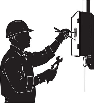 Black silhouette of worker in hard hat using tools on