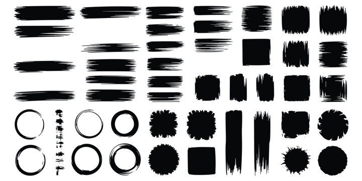 Grunge ink brush stroke elements bundle with rectangular and circular shapes on transparent backdrop