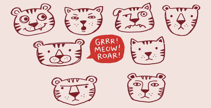 Collection of Hand-Drawn Tiger Faces Expressing Various Emotions and Sounds.