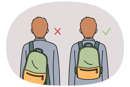 Correct and incorrect wearing of backpack behind back negatively affects spine and posture of student. Comparison of position of backpack with school supplies to prevent scoliosis.