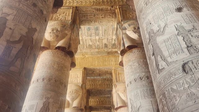 Beautiful vaults and bas-reliefs in the ancient temple complex of Dendera, Qena, Egypt.