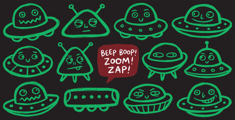 Collection of Cute Cartoon Aliens and UFOs with Speech Bubbles on a Dark Background. © Riki