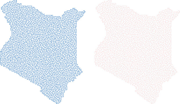 Kenya map vector illustration, abstract geometric mesh pattern of Kenya borders, blue and red line art silhouettes for travel and data infographics