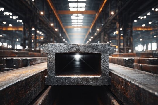 Dimly lit industrial warehouse interior with rows of stacked steel beams and a focused perspective through a rectangular hollow beam toward a light source in the dis