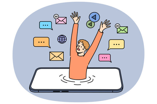 Man with digital addiction has become slave to mobile phone, and is drowning in gadget display. Concept of problems caused by digital addiction and surfing too long in smartphone applications