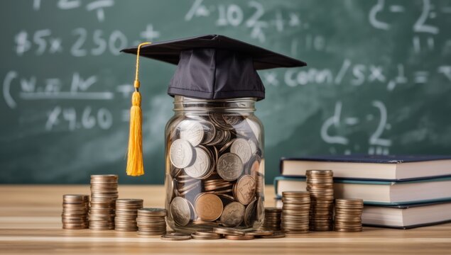 Graduation cap on a coin jar, symbolizing education costs, student loans, and financial future