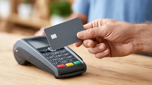 Hand holding blank credit card over payment terminal for contactless transaction
