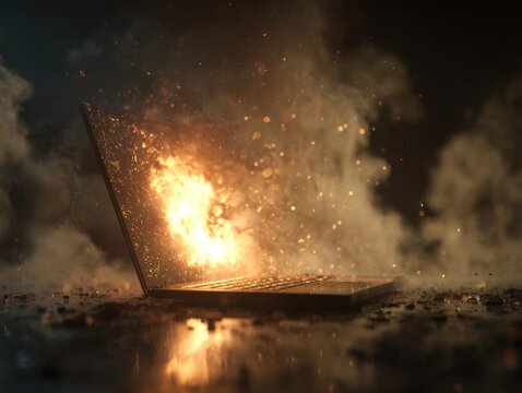Laptop engulfed in intense flames and smoke with glowing embers scattering in a dark environment symbolizing technology disaster or fire hazard risk