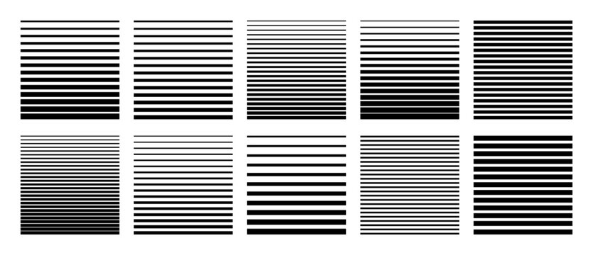 Gradient line patterns with halftone fade create dynamic striped backgrounds. Bold black and white transitions form abstract geometric vector textures