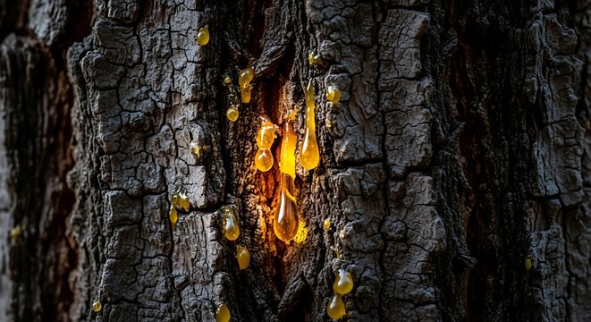 Copaifera officinalis tree trunk with golden medicinal resin drops exuding from the rough textured bark in a close-up botanical nature photograph