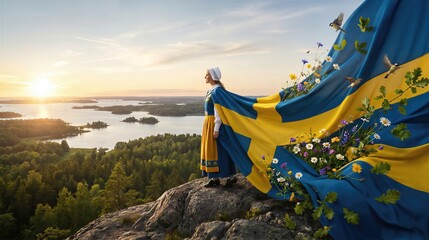 Woman in traditional Swedish folk costume standing on a cliff with the national flag. Beautiful sunset over the landscape. Celebrating National Day of Sweden, heritage and patriotism.