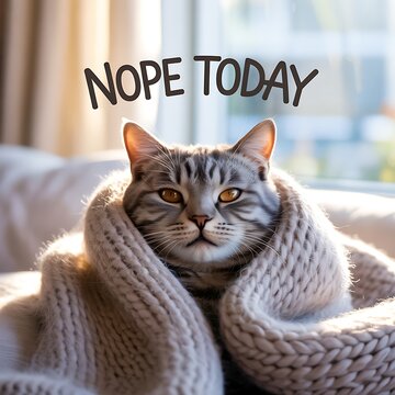 Gray tabby cat saying nope today isolated on white background