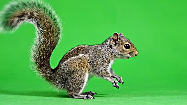 Adorable squirrel standing on hind legs on green background