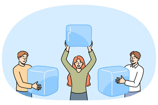 Ice cubes in hands of people who want to cool off and drink cold drinks in summer sunny weather. Happy men and woman with huge ice cubes for alcoholic cocktails or delicious natural juices
