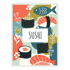 Sushi Rolls and Seafood Illustration. © baiti