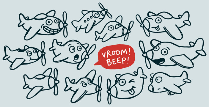 A collection of cute, hand-drawn cartoon airplanes with expressive faces flying together.