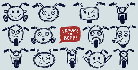 Collection of Hand-Drawn Motorcycle Fronts with Expressive Faces and Sound Effects. © Riki