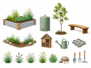 Fototapeta premium Sustainable Garden Collection with Rain Tank Native Plants and Raised Bed